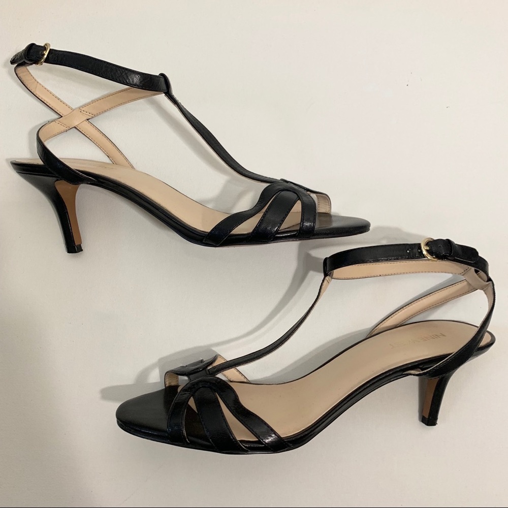 Nine West Black Leather Strappy Kitten Heel Sandals